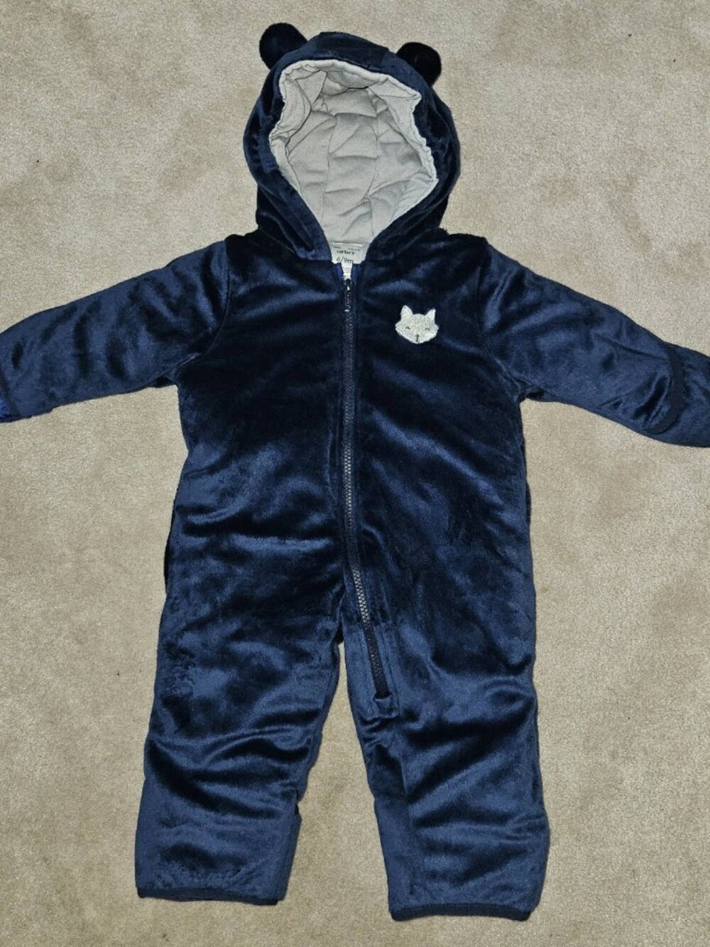 Carter's Blue Fleece Snowsuit Wolf Hooded Fold Over Mittens Feet Baby 6-9 Months